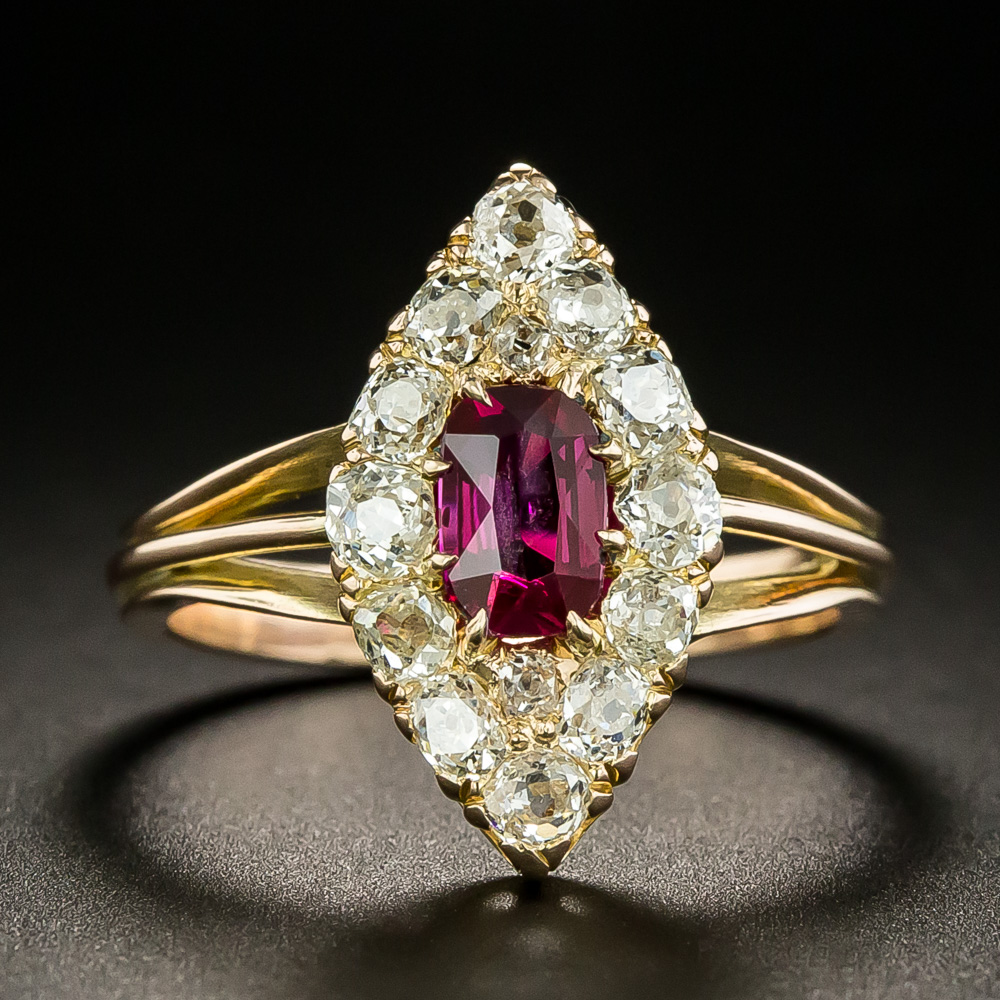 Victorian .56 Carat No-Heat Burmese Ruby and Diamond Navette Ring - GIA