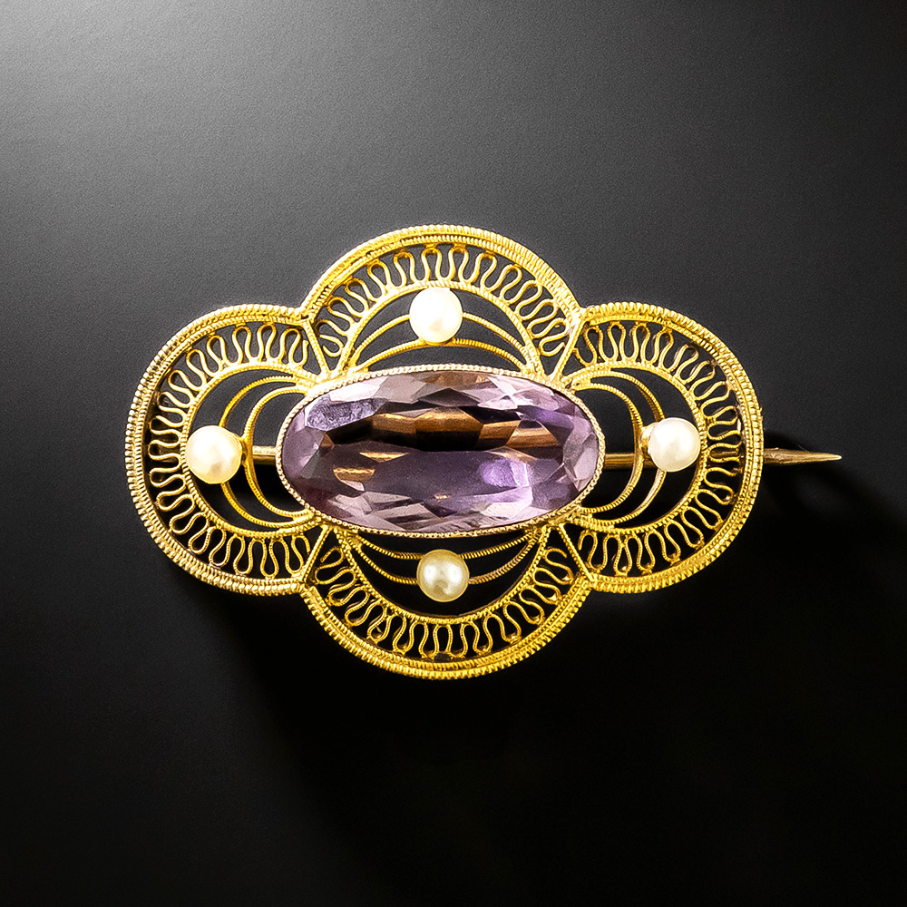 LISETTE　ダリアのブローチ Victorian Amethyst and Natural Pearl Filigree Brooch, Netherlands