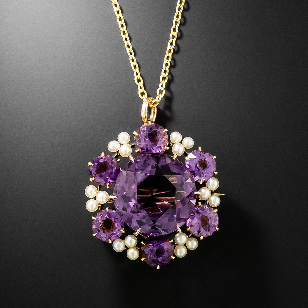 Victorian Amethyst and Seed Pearl Pendant/Brooch by Krementz