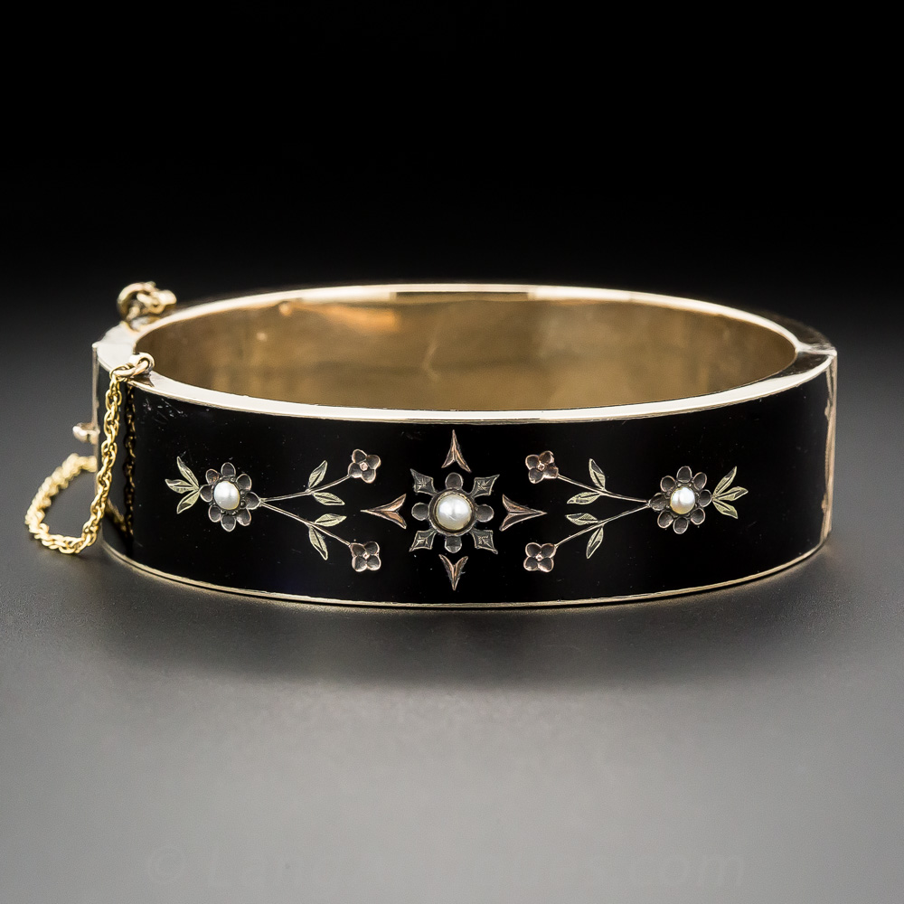 Victorian Black Enamel and Pearl Bangle Bracelet