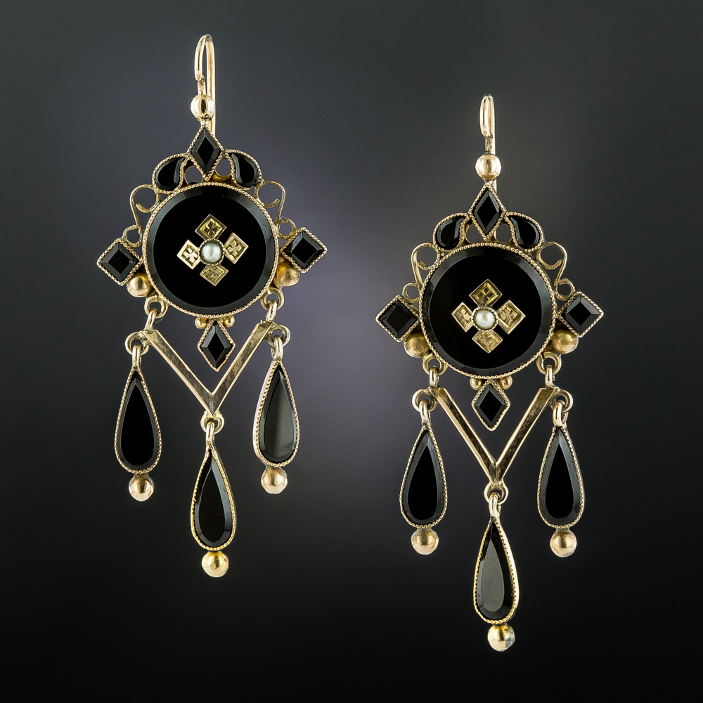 Victorian Black Glass and Seed Pearl Earrings