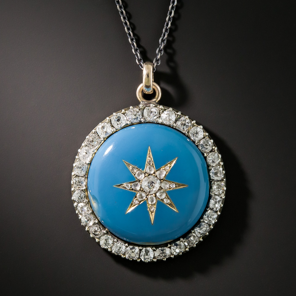 Victorian Blue Enamel and Diamond Pendant Necklace