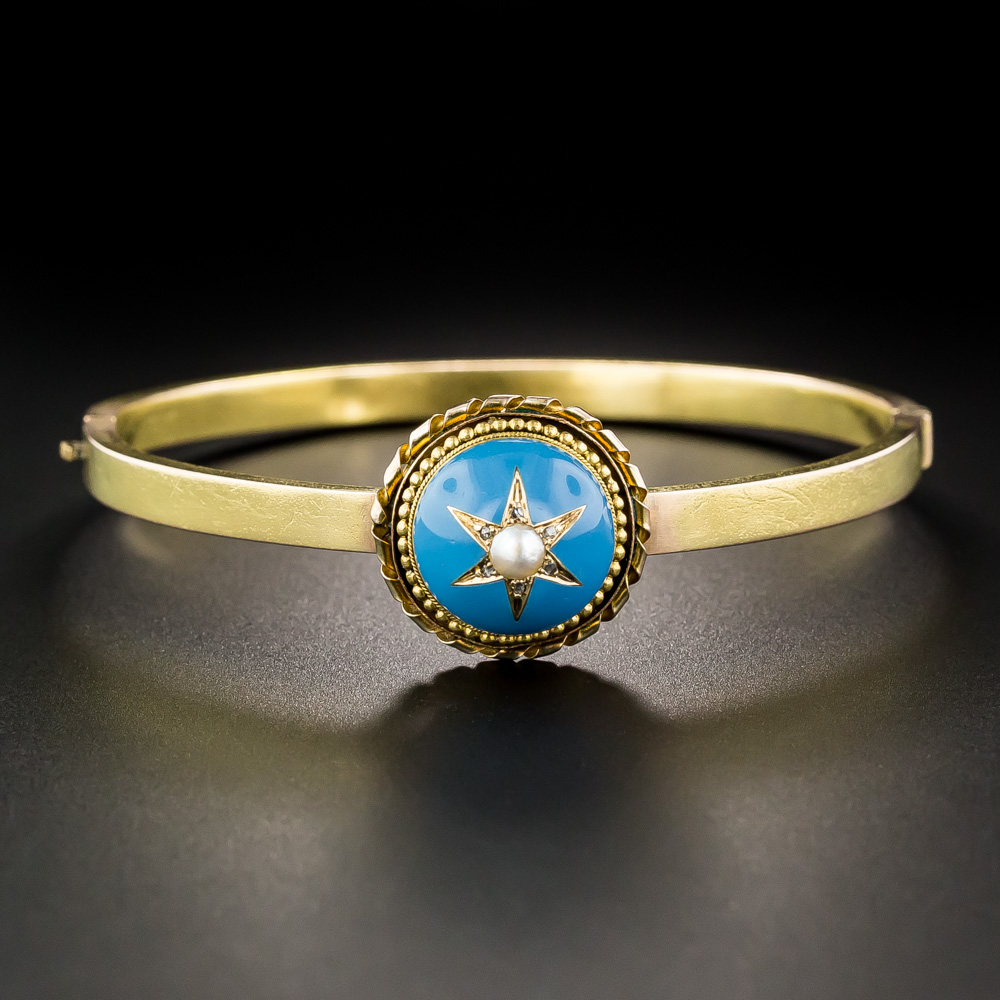 Victorian Blue Enamel and Pearl Bangle Bracelet
