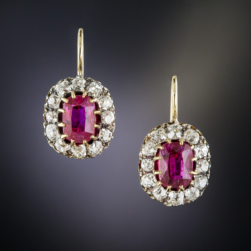 Victorian Burma Ruby Diamond Halo Earrings