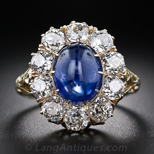 Victorian Cabochon Sapphire and Diamond Ring