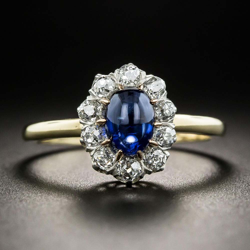 Victorian Cabochon Sapphire Diamond Halo Ring