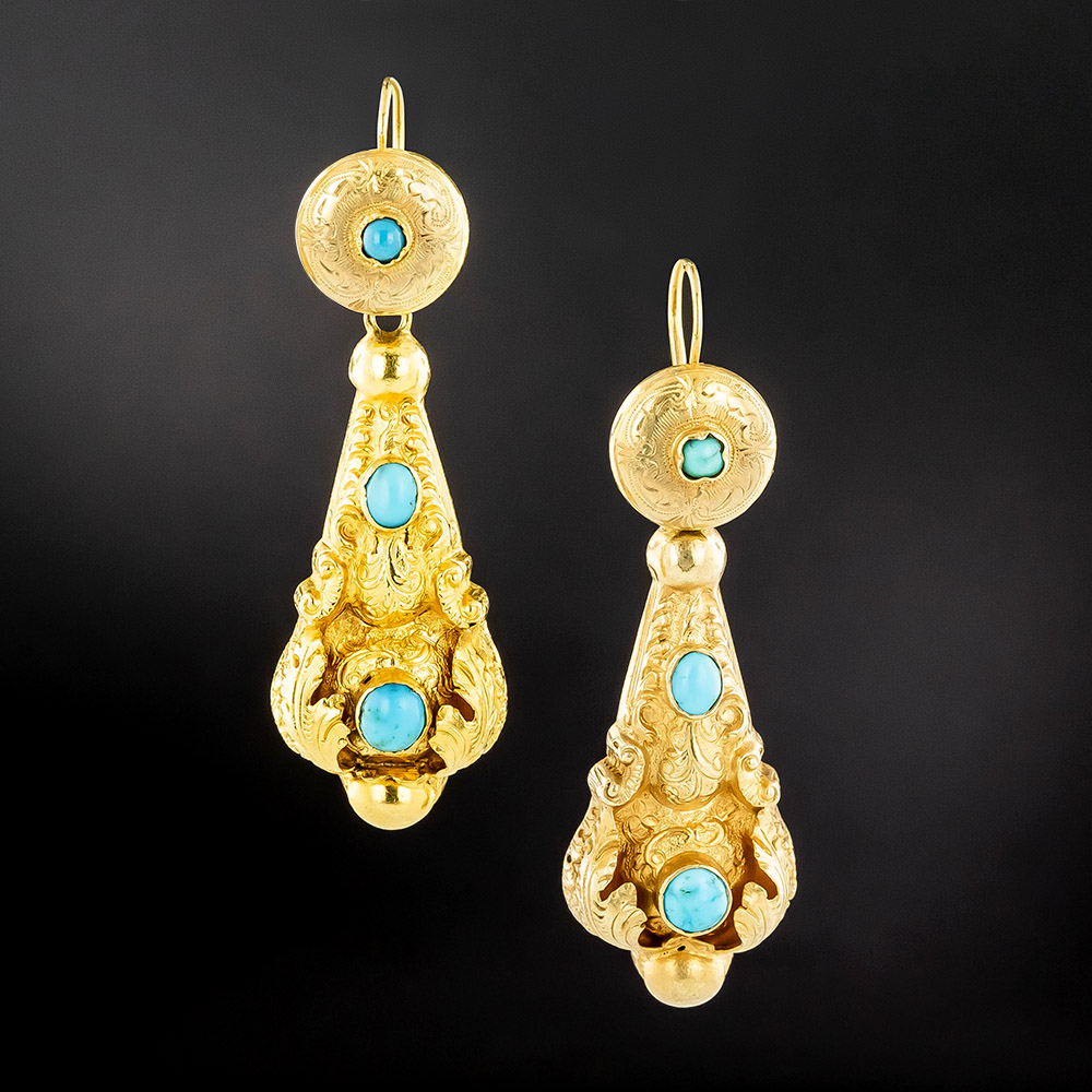 Boucles D'oreilles Pendantes Anciennes En Or 18K - Turquoise Naturelle - Style Victorien - Dormeuses