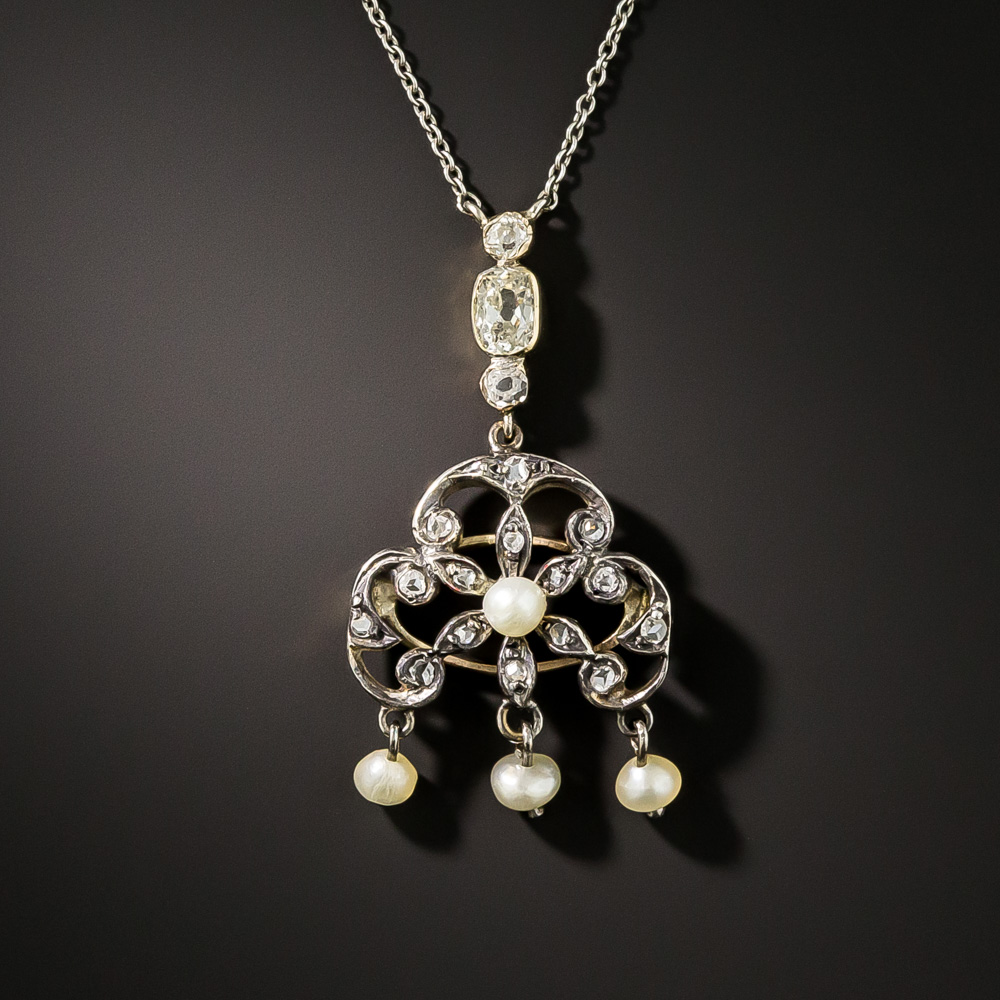 Victorian Diamond and Pearl Drop Necklace