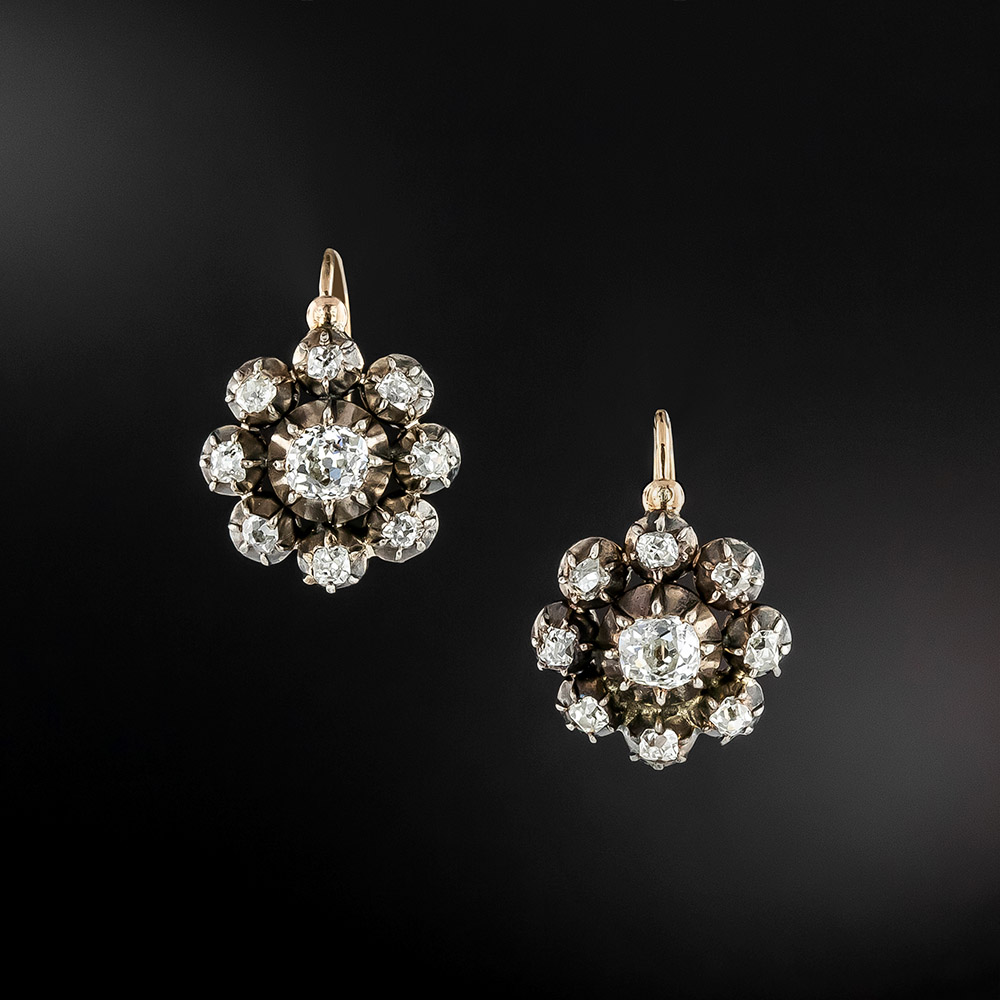 Victorian Diamond Flower Cluster Earrings