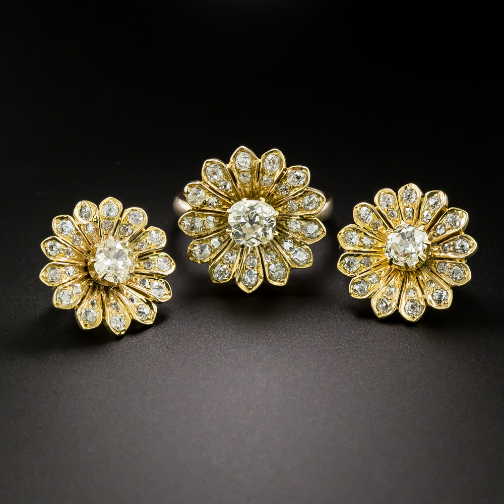 Victorian Diamond Sunflower Ring and Earrings Set