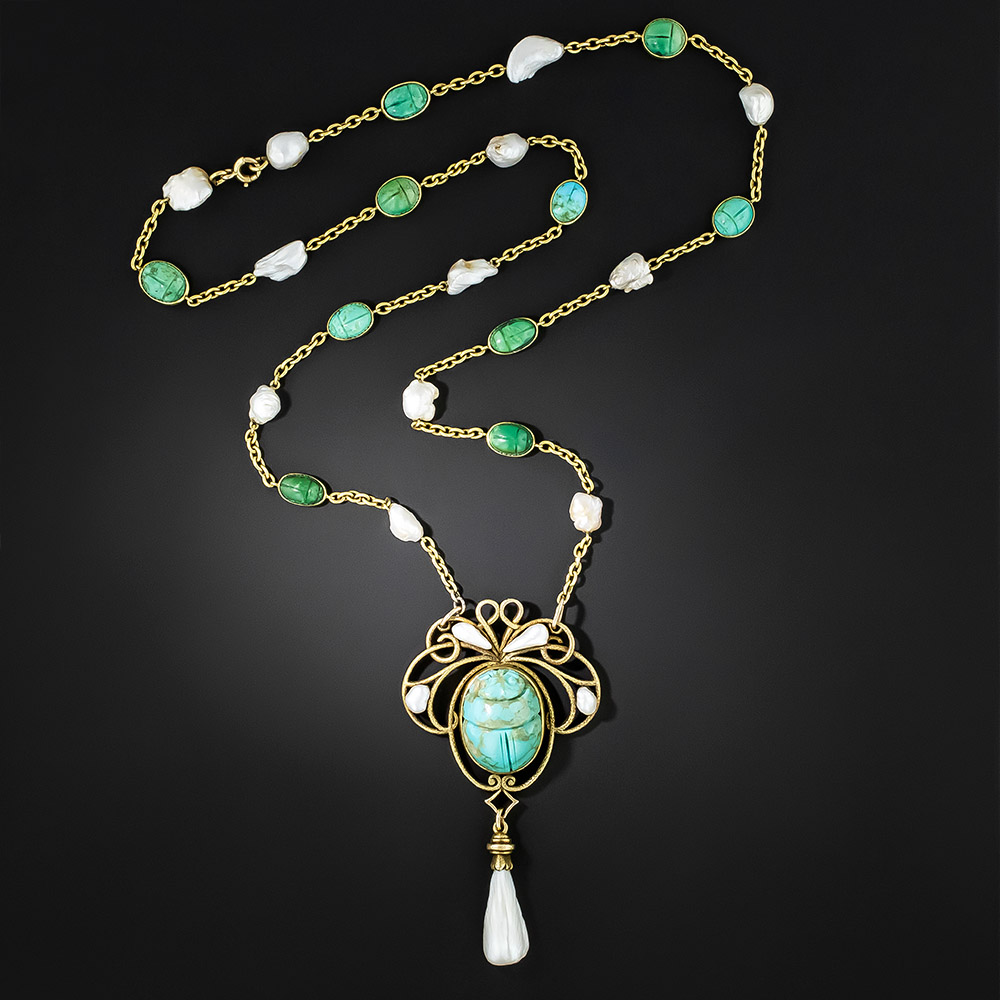 Victorian Egyptian Revival Turquoise Scarab and Natural Pearl Necklace