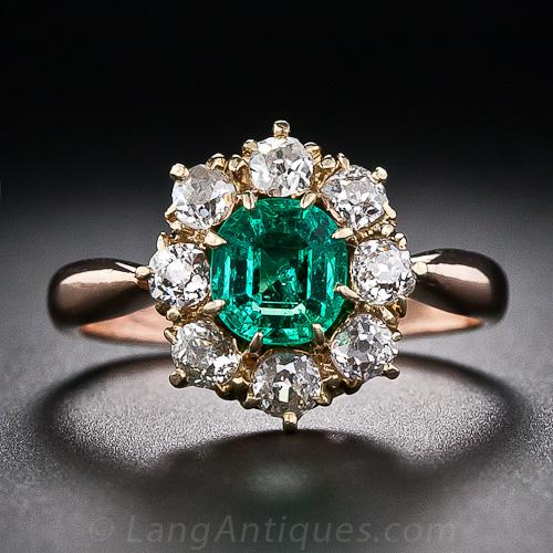 Victorian Emerald Diamond Halo Ring
