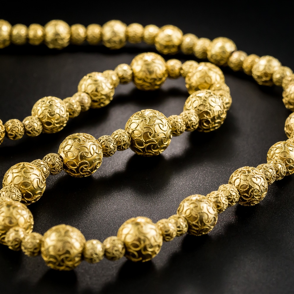 Victorian Etruscan Revival Gold Bead Necklace - Antique & Vintage Jewelry