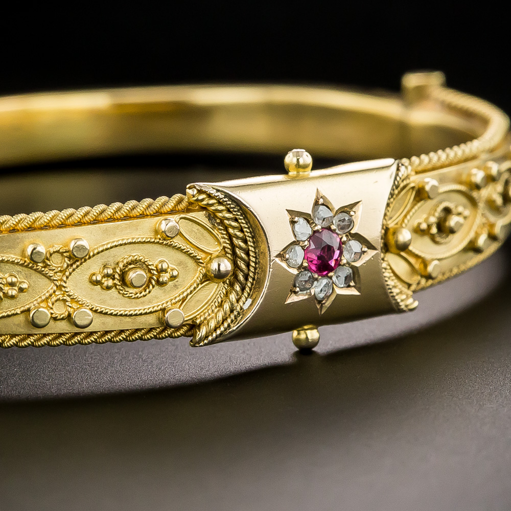Victorian Etruscan Revival Ruby and Diamond Bangle Bracelet