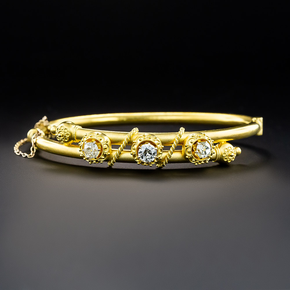 Victorian Etruscan Revival Three Diamond Bangle Bracelet