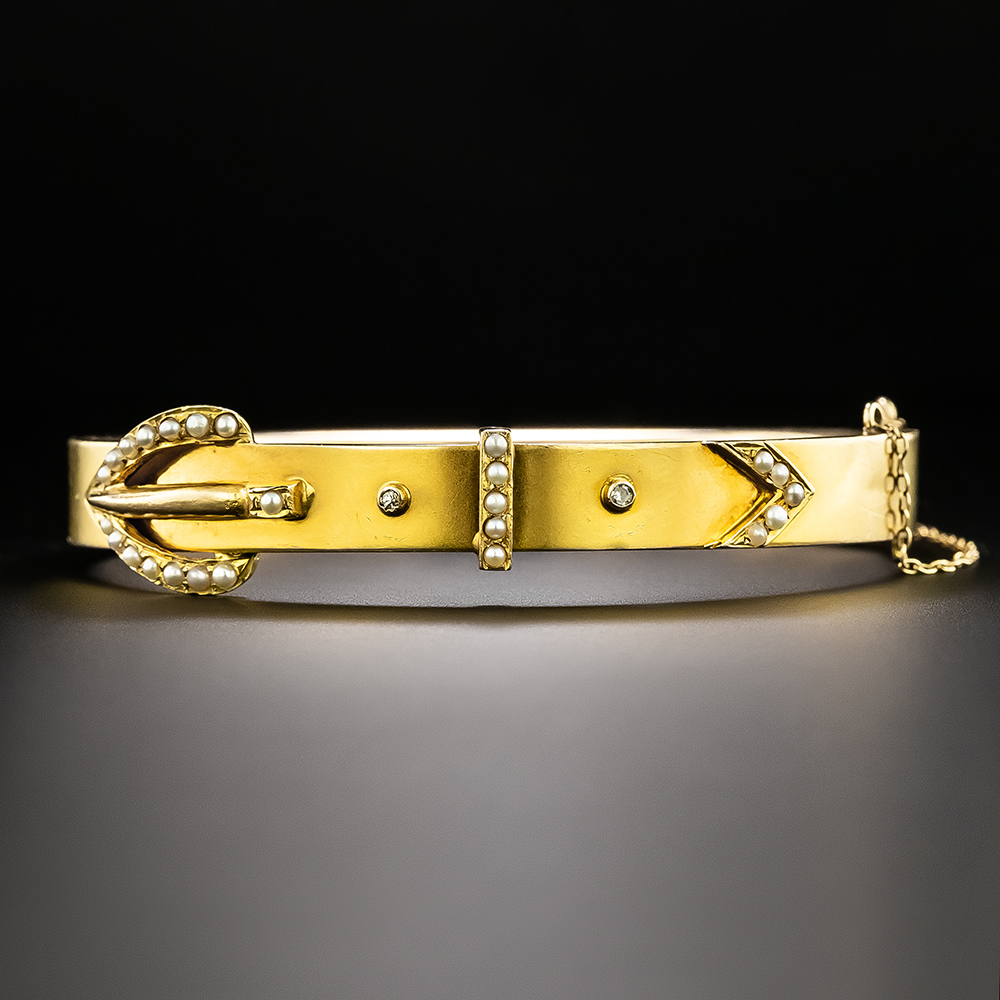 Victorian Gold and Pearl Buckle Bangle Bracelet