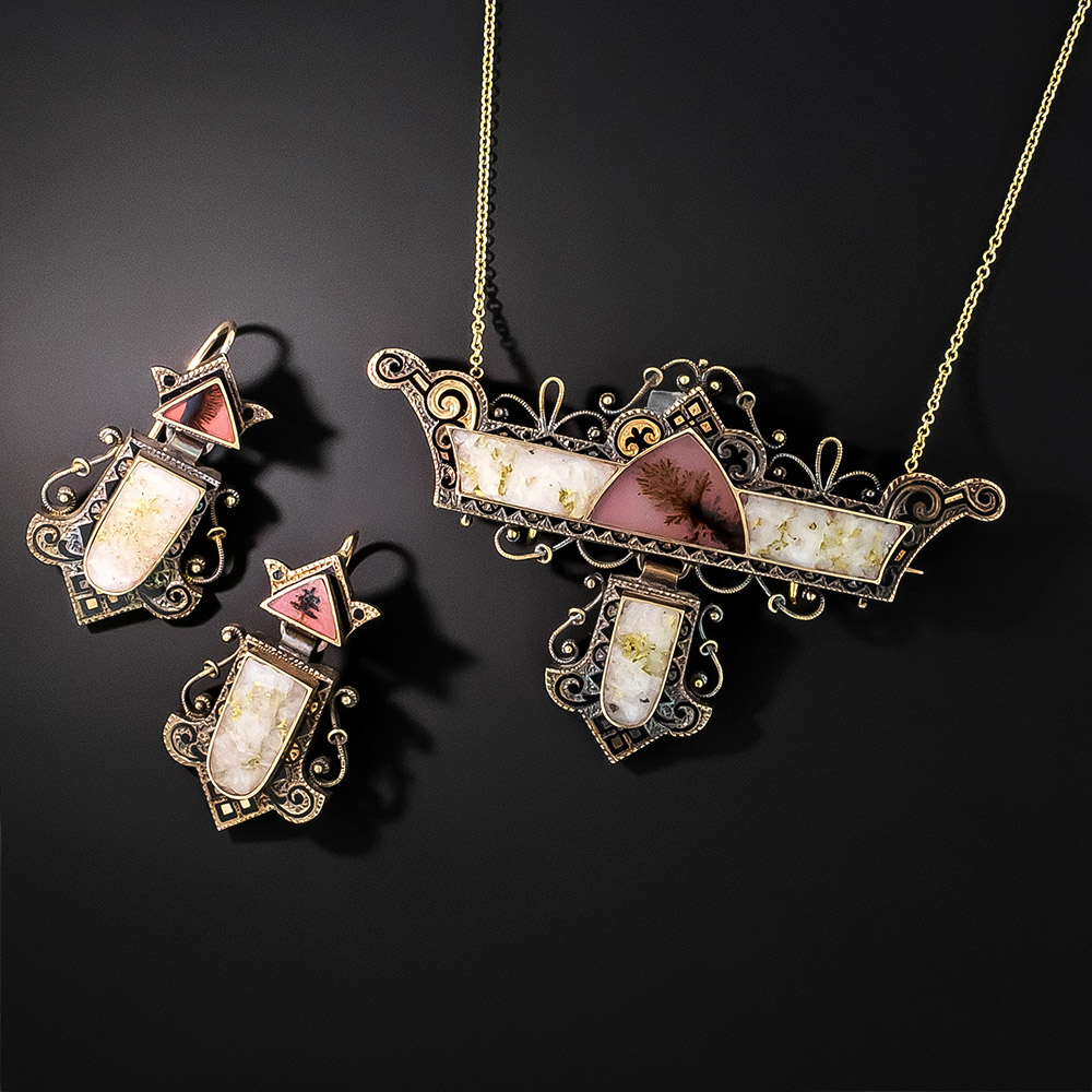 コレクション AUTHENTIC&UNIQUE JEWELRY Victorian Gold-in-Quartz Earrings and Matching Necklace/Brooch