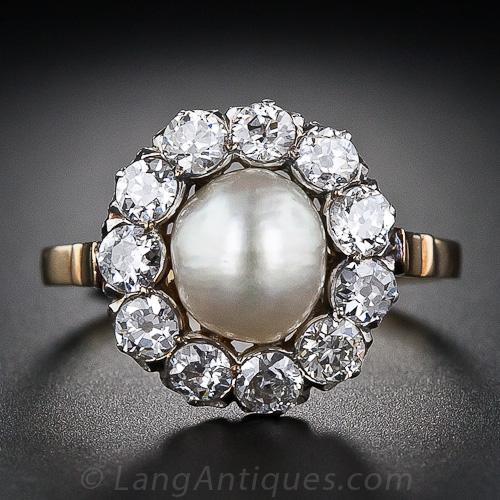 Victorian Natural Pearl and Diamond Halo Ring
