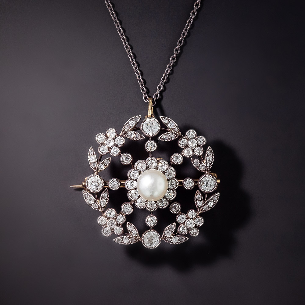 Victorian Natural Pearl and Diamond Pendant/Brooch
