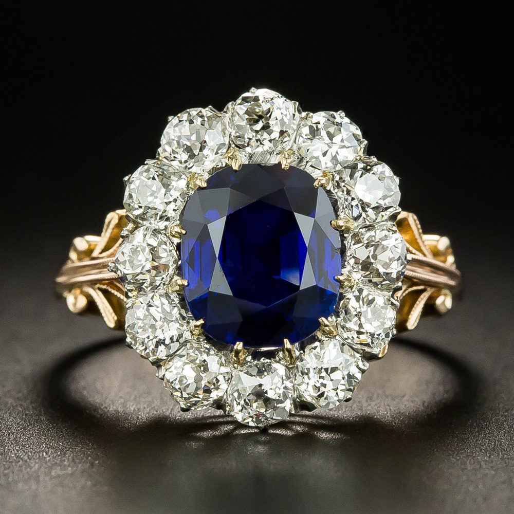 Victorian No-Heat 2.30 Carat Sapphire and Diamond Halo Ring