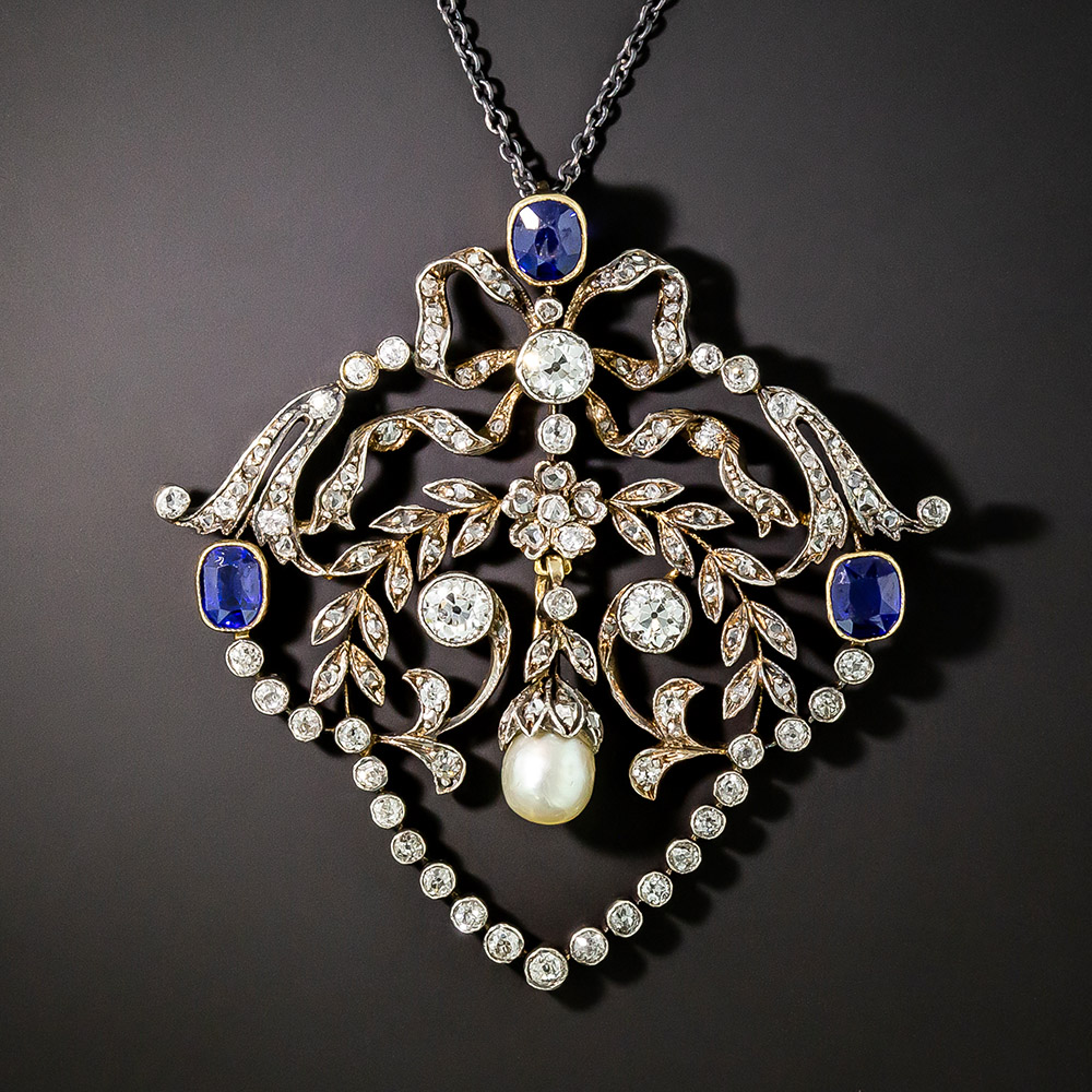 Victorian No-Heat Sapphire, Diamond and Natural Pearl Lavalière - GIA