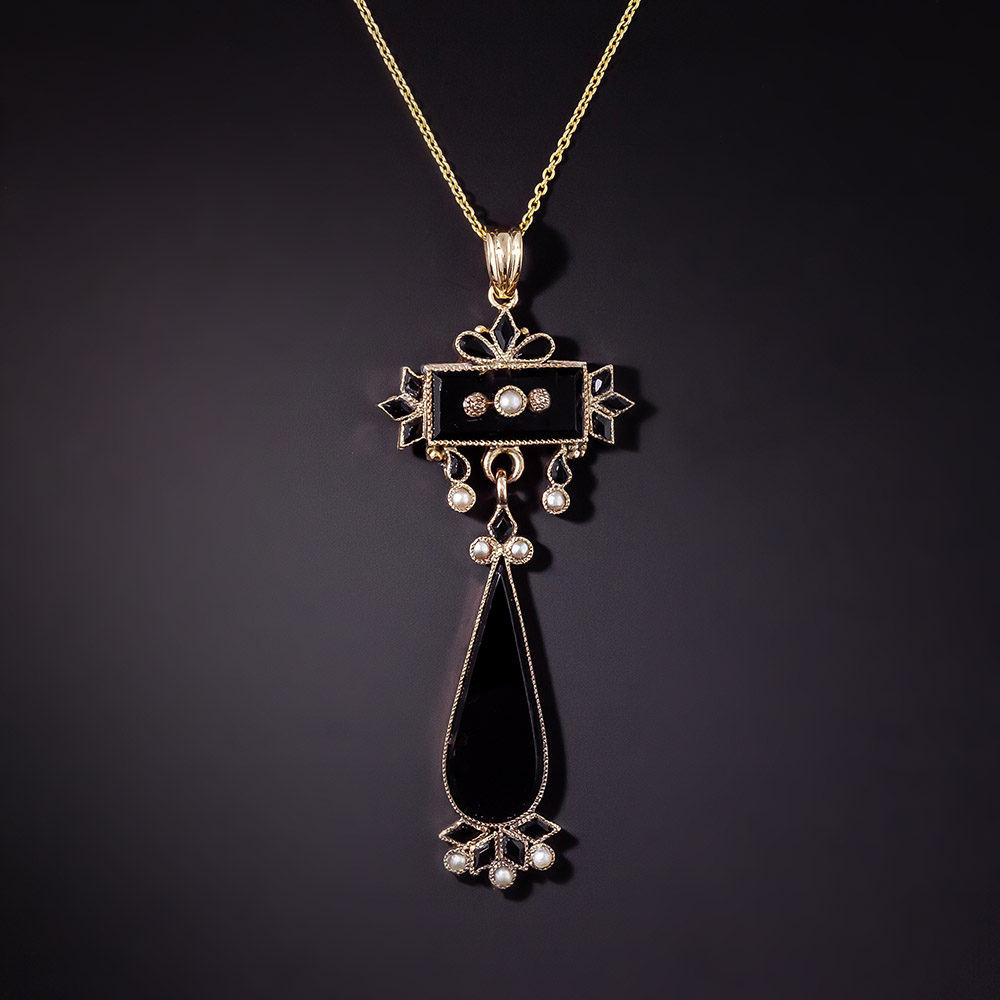 Victorian Onyx and Seed Pearl Lavalier Pendant