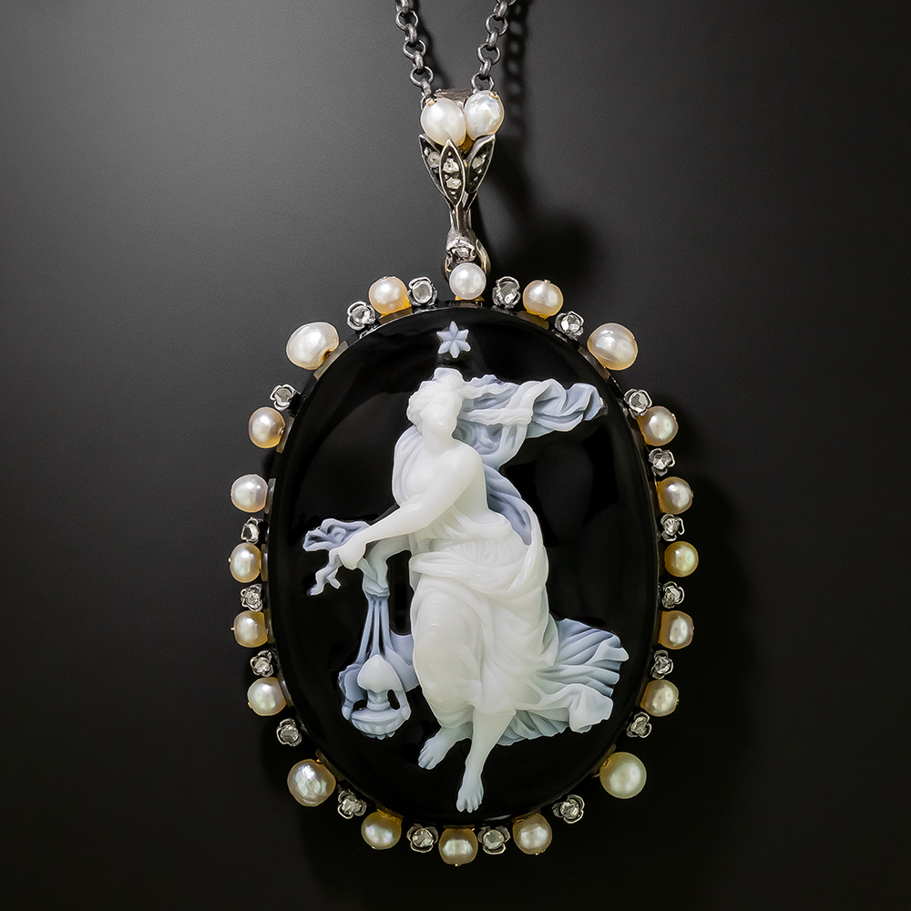 Victorian Onyx Cameo, Diamond and Pearl Necklace