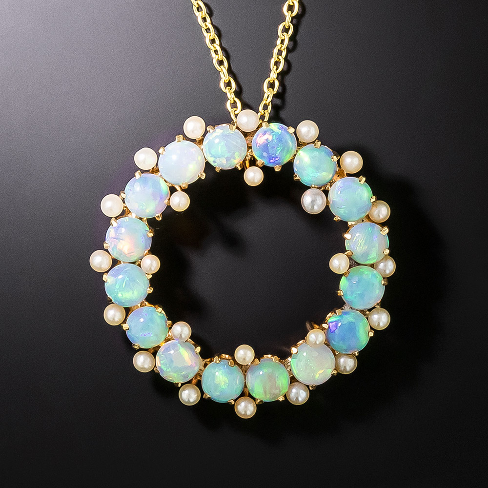 Designer's Solid YG w Opal & 9 Diamonds Pendant Necklace
