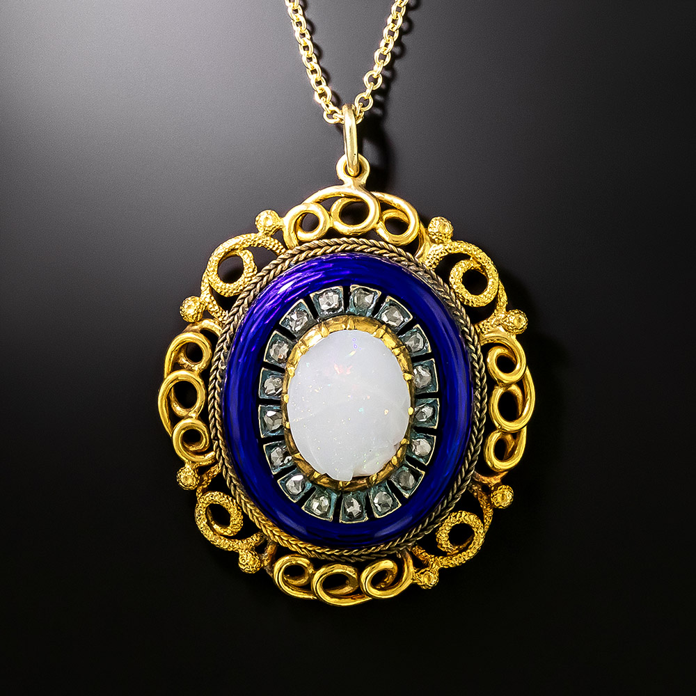 Victorian Opal, Enamel and Diamond Pendant