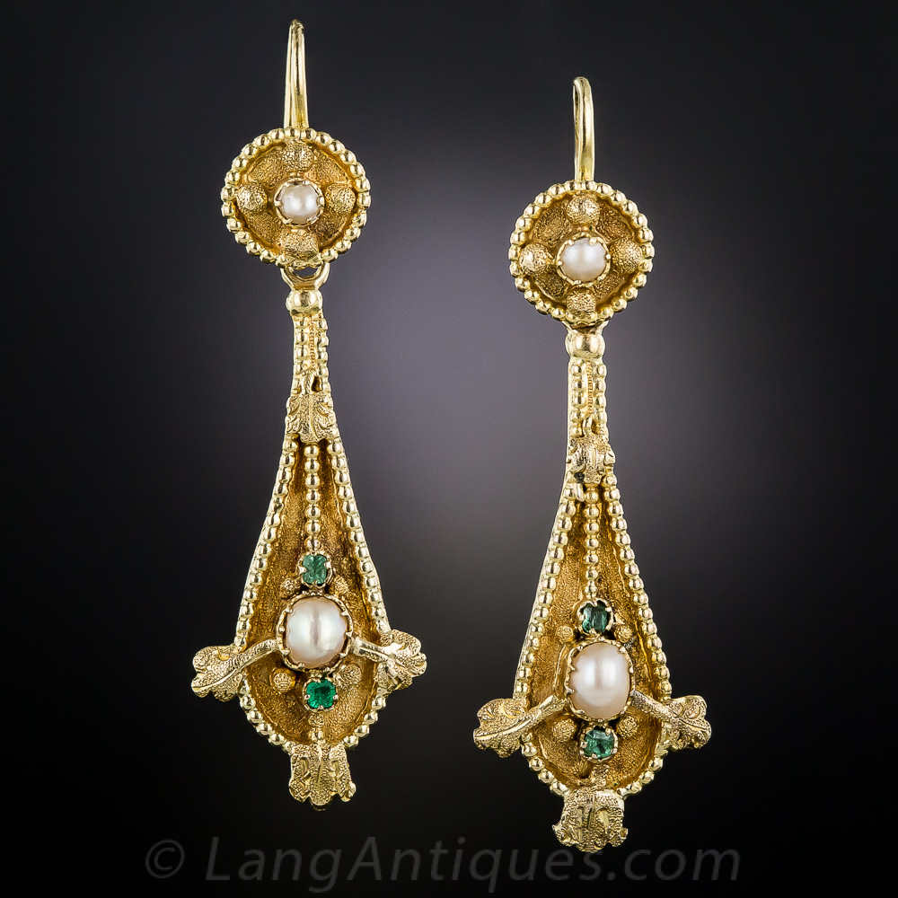 Victorian Pearl and Emerald Drop Earrings