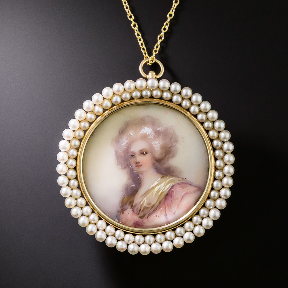 Broche Portrait Dame Miniature XIXe Siècle - Peinte Sur Nacre Avec Perles Et Argent - Style Renaissance - Occasion