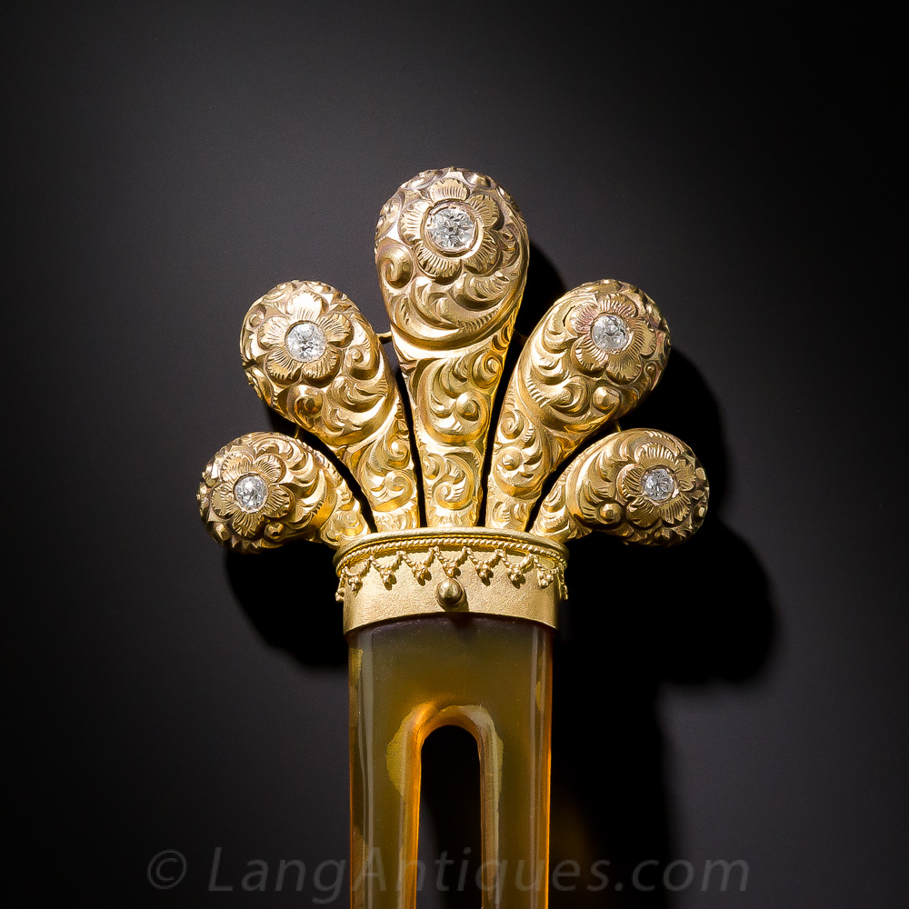 Victorian Repousse Gold Diamond Hair Comb display picture 1