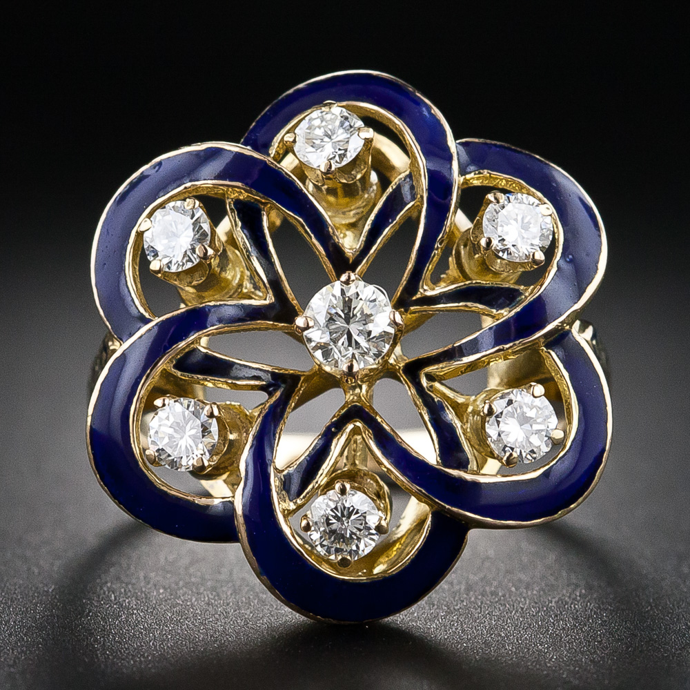 アンティーク リング 7 Victorian Retrospective Blue Enamel and Diamond Ring, Size 7 3/4