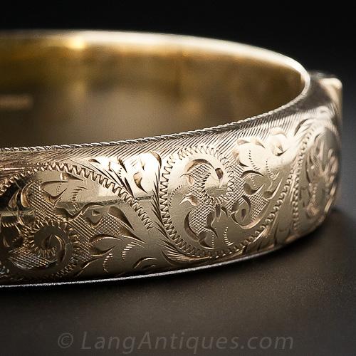 Victorian Retrospective Engraved Gold Bangle Bracelet