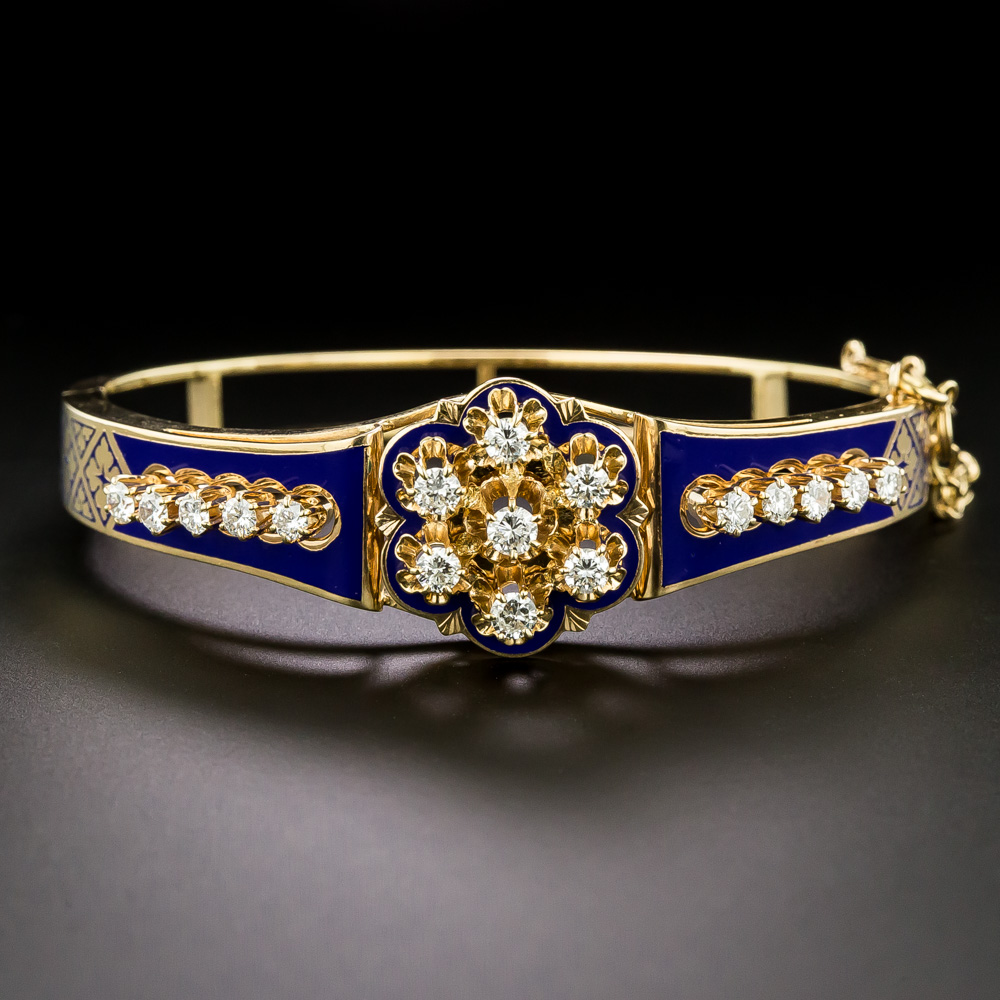 Victorian Revival Cobalt Enamel and Diamond Bangle Bracelet