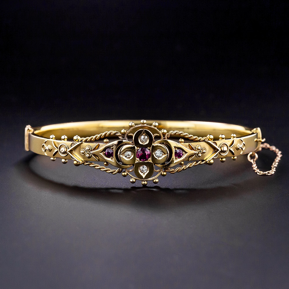 Victorian Ruby and Diamond Hinged Bangle Bracelet