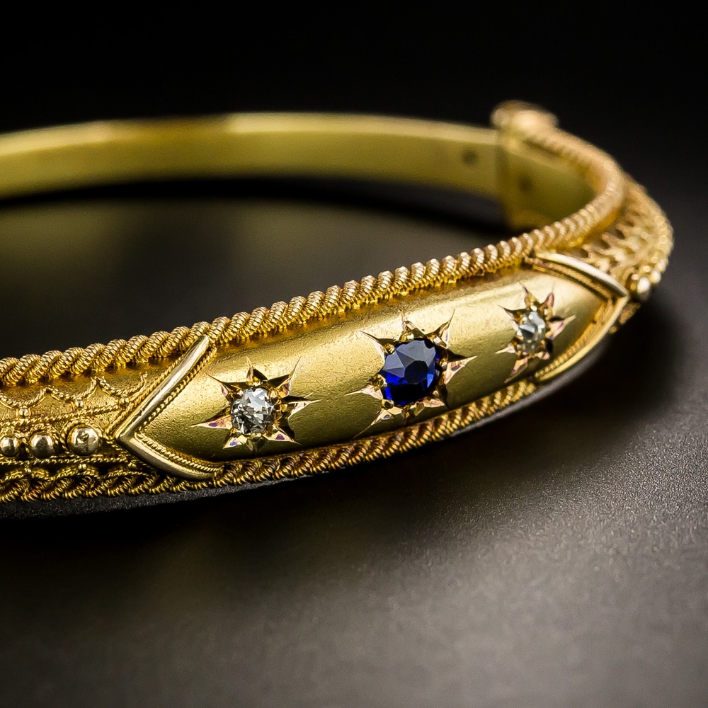 Victorian Sapphire and Diamond Etruscan Revival Bangle