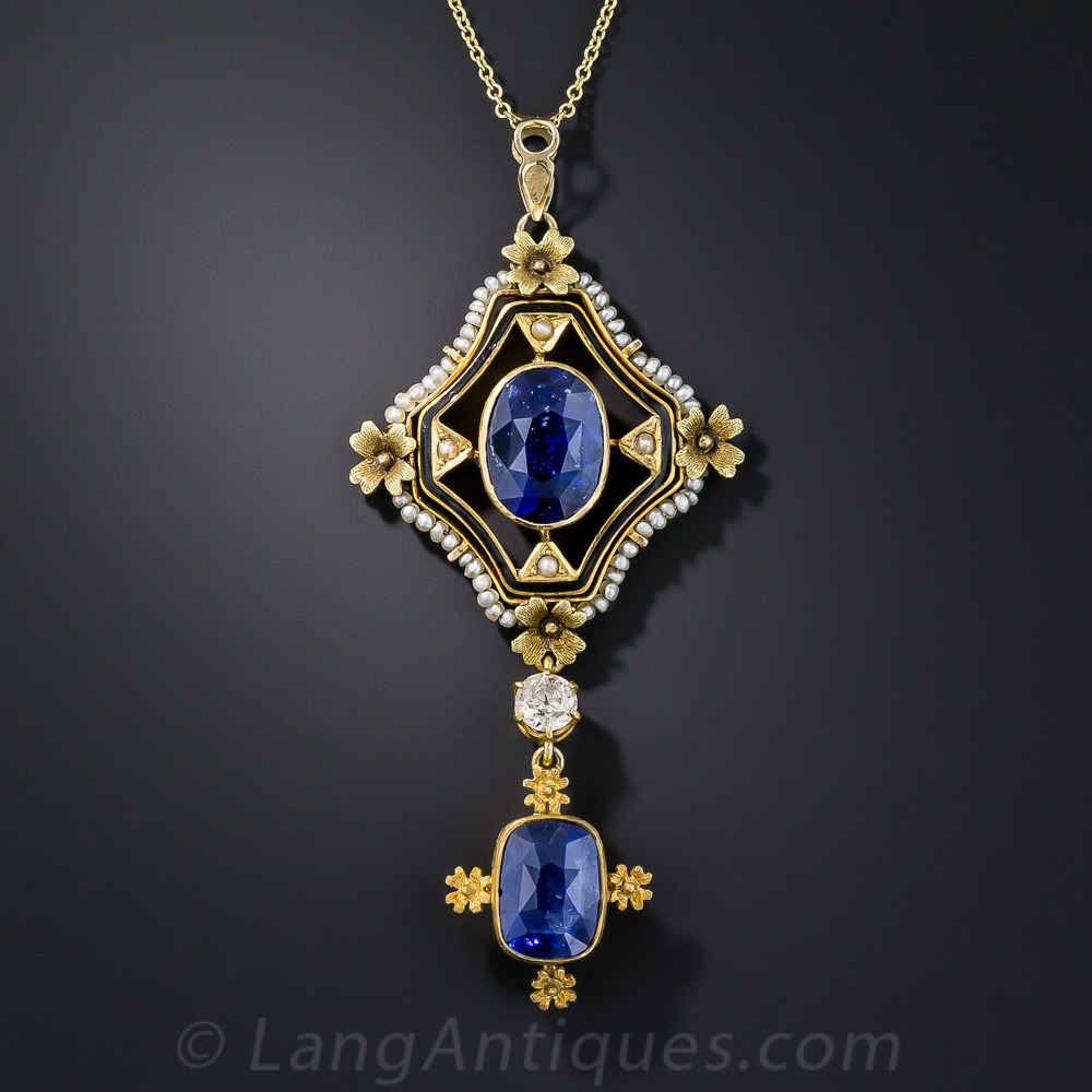 Victorian Sapphire, Diamond and Seed Pearl Pendant Necklace