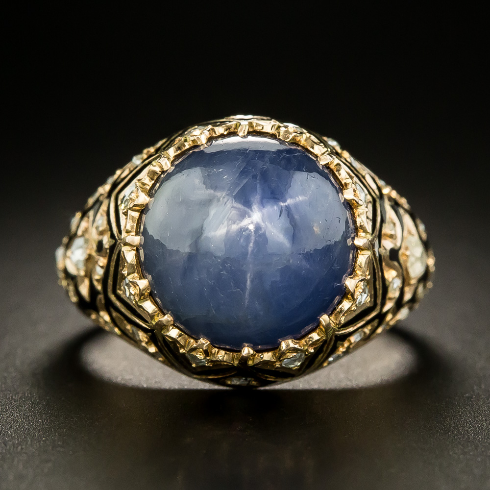 Victorian Style 14.92 Carat Star Sapphire, Diamond and Enamel Ring