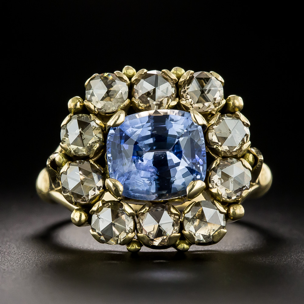French Art Deco Platinum & Unheated Ceylon Sapphire Ring with Baguette  Diamond Shoulders (512T) | The Antique Jewellery Company