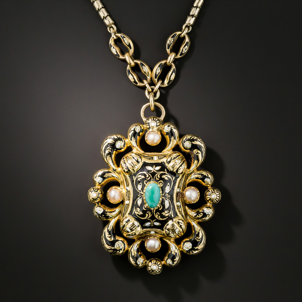 Victorian Swiss Enamel, Turquoise and Pearl Necklace
