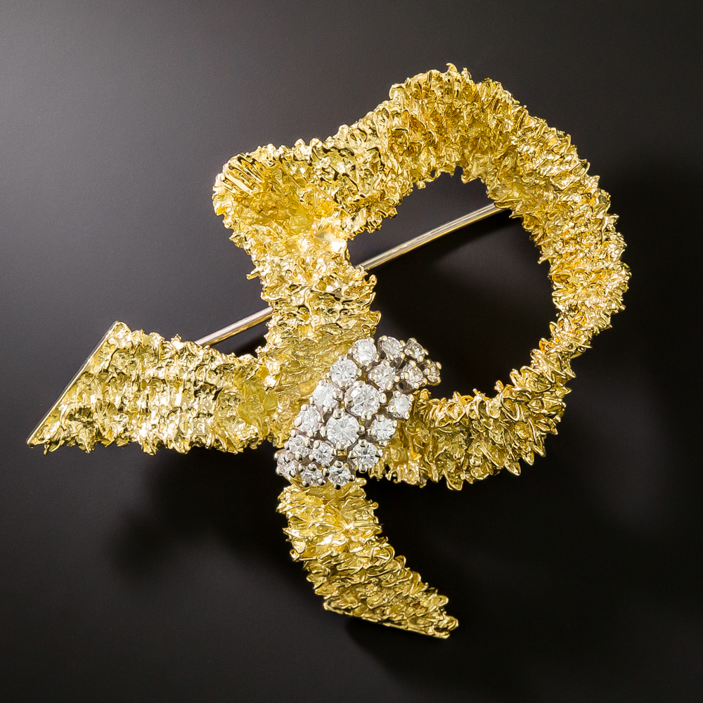 Vintage 18K Diamond Ribbon Brooch by Hammerman Brothers