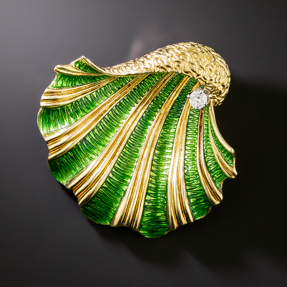 Vintage 1970s Tiffany & Co. Green Enameled Shell Brooch with Diamond