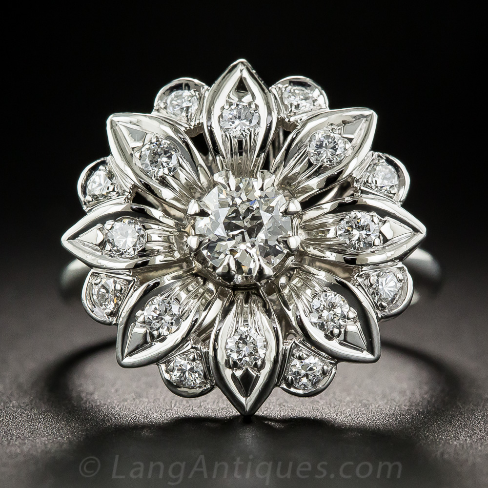 Antique Style Floral Victorian Diamond Promise Ring in 14 Karat White Gold  — Antique Jewelry Mall
