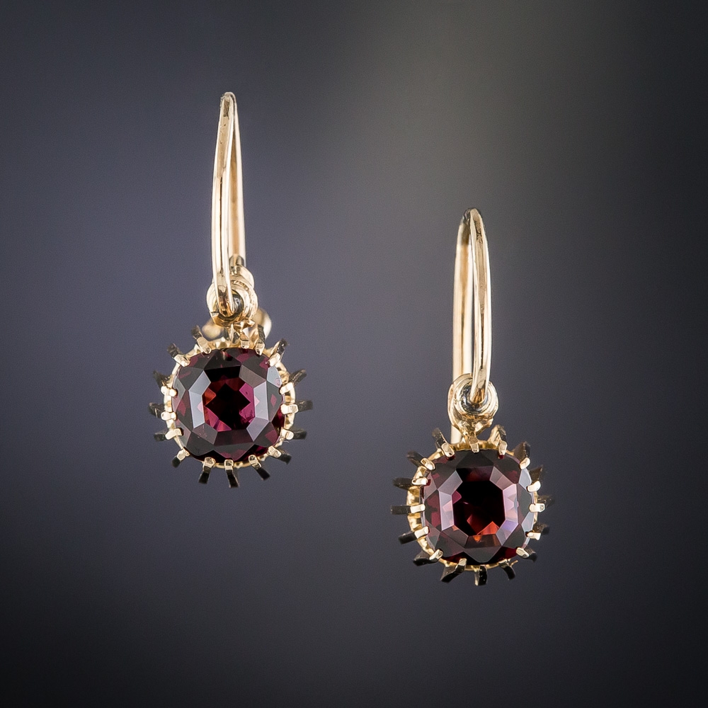 Vintage Garnet Drop Earrings w/ Diamonds Platinum & 18K