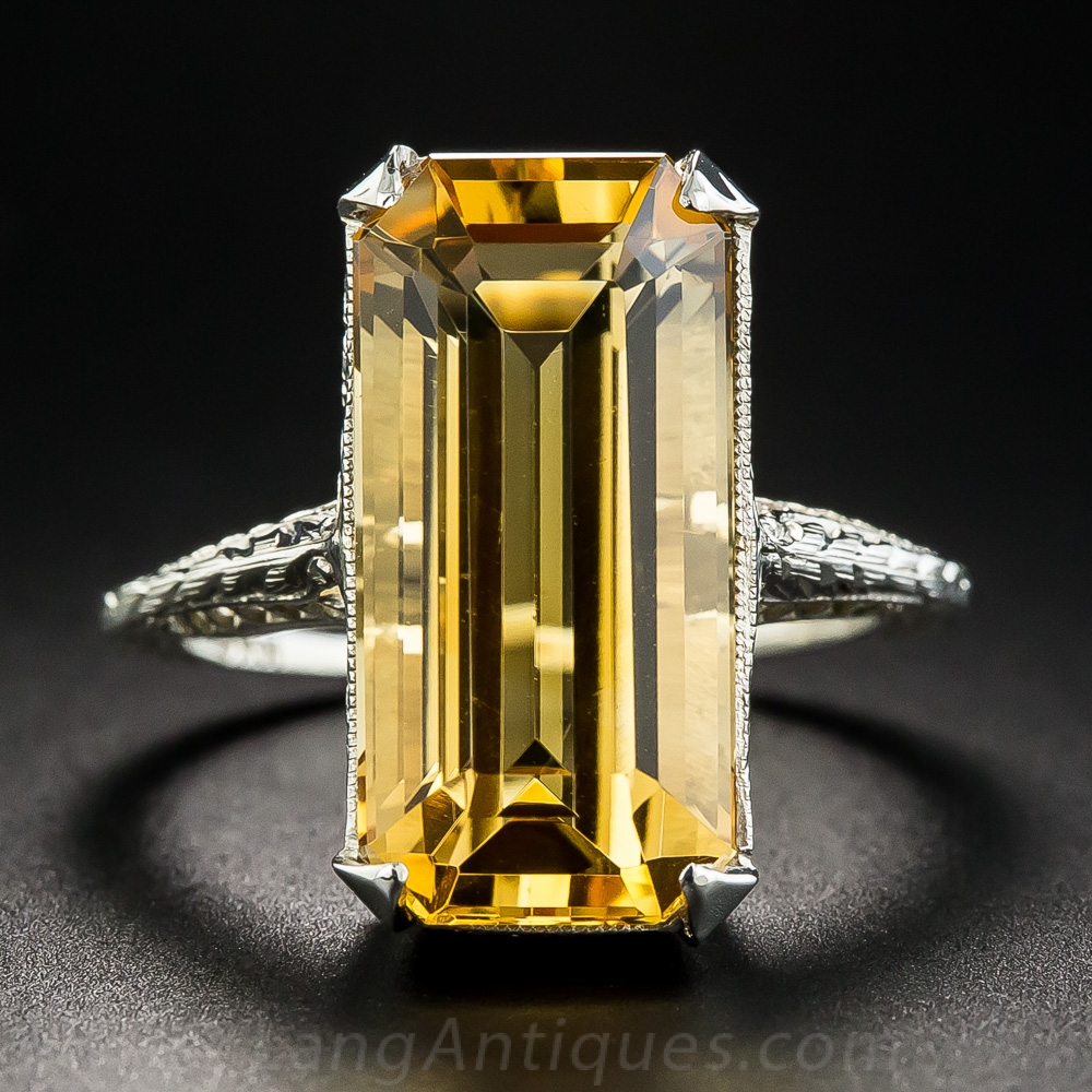Vintage Long Emerald Cut Citrine Dinner Ring