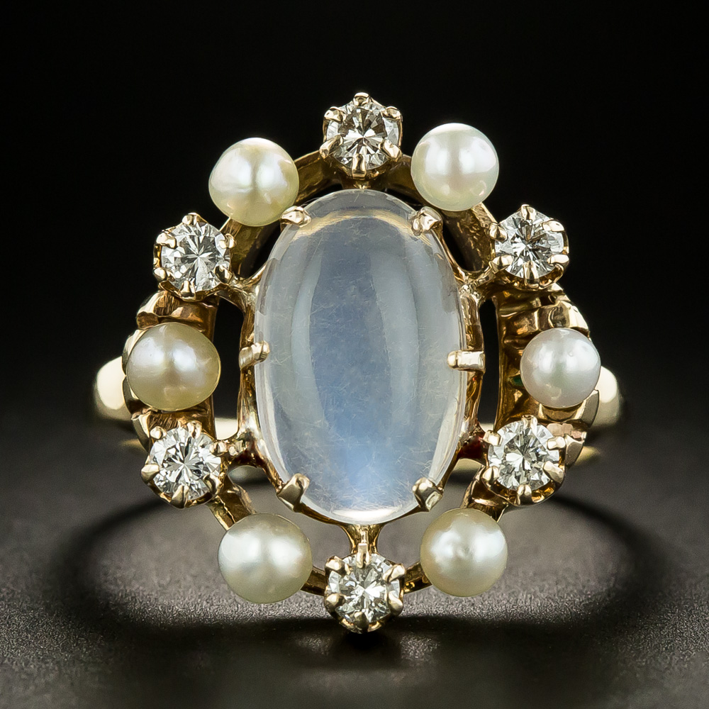 Vintage Moonstone, Diamond and Pearl Ring