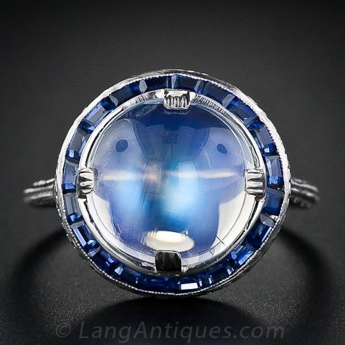 Vintage Moonstone, Sapphire and Platinum Ring