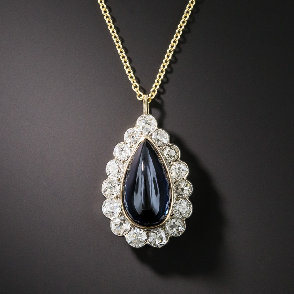 Vintage Pear Shape Cabochon Sapphire Diamond Drop Necklace