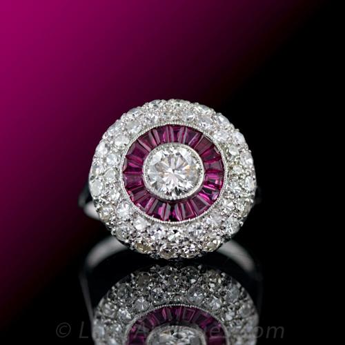 Vintage Platinum Diamond and Ruby Target Style Ring